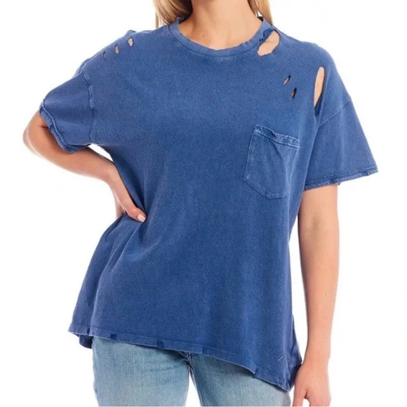 EUC We the Free Rubi Oversized Blue Distressed Tee Sz Large - Picture 7 of 9
